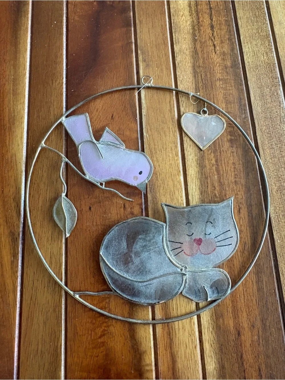 Whimsical Cat & Bird with Heart Capiz Shell Window Suncatcher Decoration